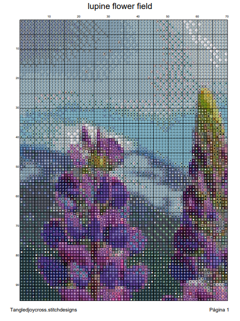 Patrón digital de Punto de cruz: Campo de flores de lupino