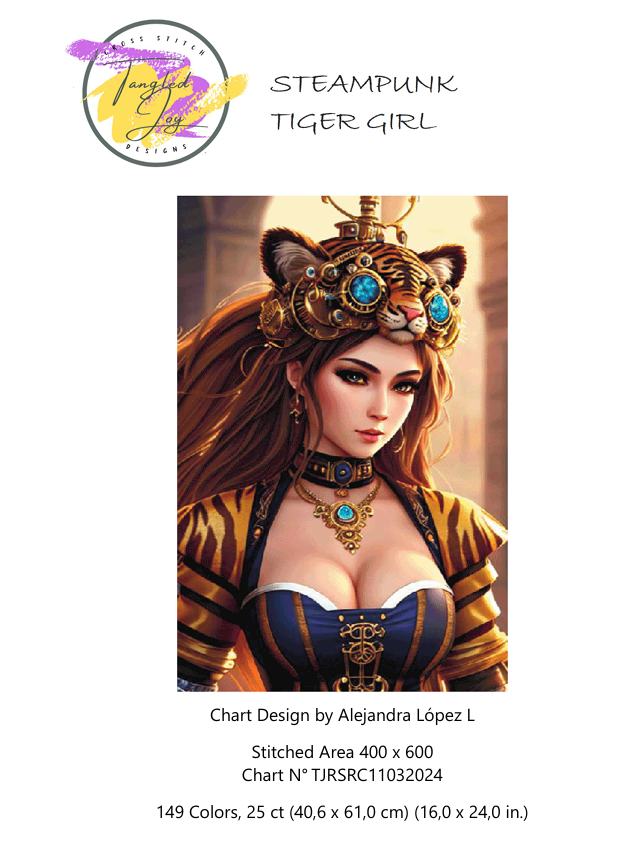 Patron digital de Punto de cruz: Chica tigre Steampunk