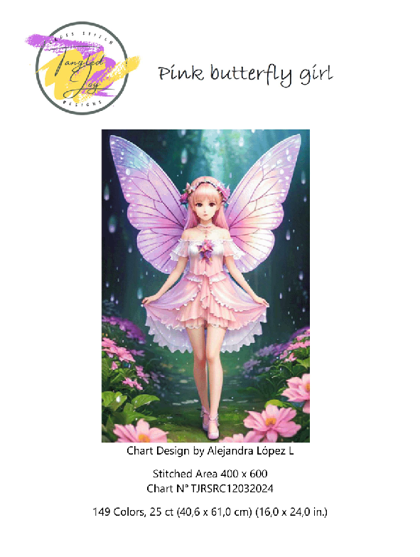 Patron de punto de cruz: Chica Mariposa en Rosa