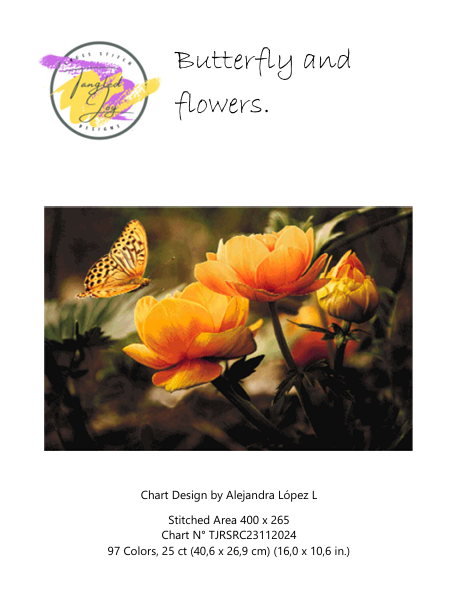 Patron digital de punto de cruz: Mariposa sobre Flores