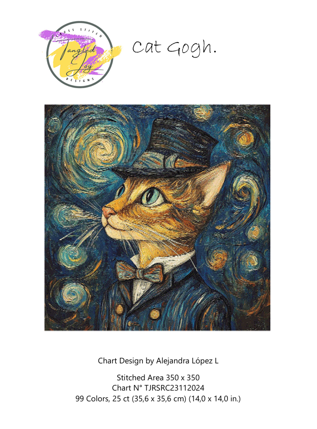Patron digital de punto de cruz: Gatito al estilo Van Gogh