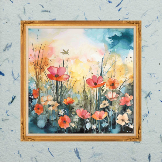 Patrón digital de Punto de cruz: Campo de Flores, efecto acuarela