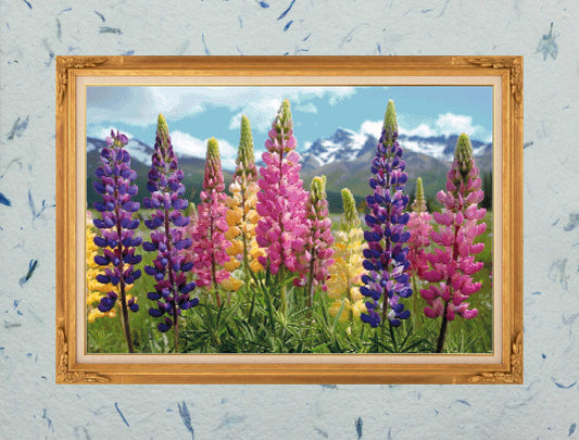 Patrón digital de Punto de cruz: Campo de flores de lupino