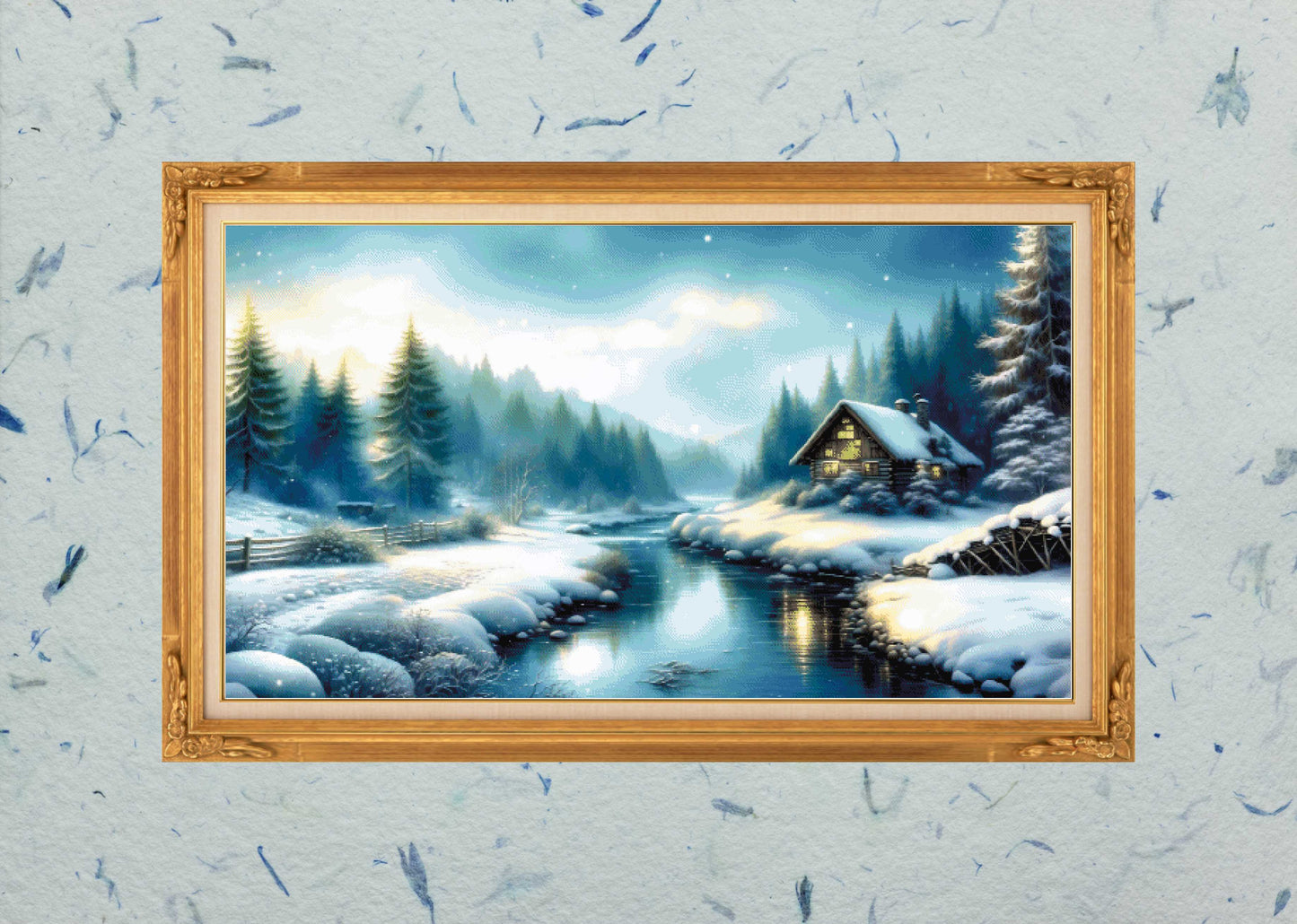 Patron Digital de Punto de Cruz: Cabaña de invierno en el rio