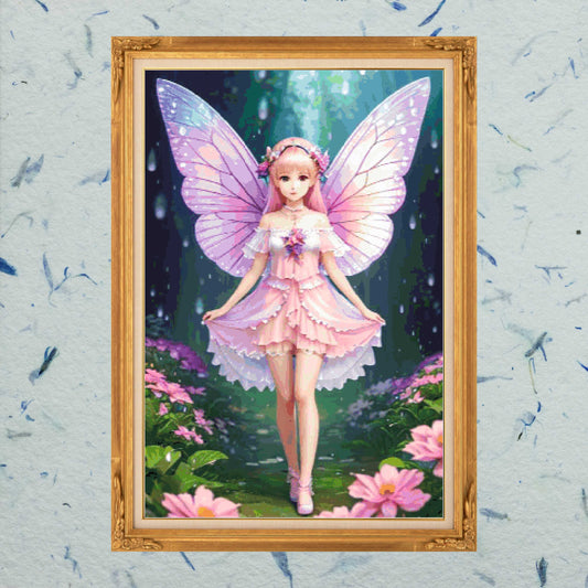 Patron de punto de cruz: Chica Mariposa en Rosa