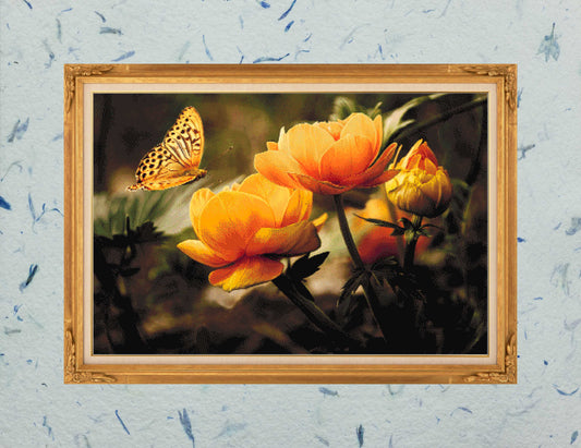 Patron digital de punto de cruz: Mariposa sobre Flores